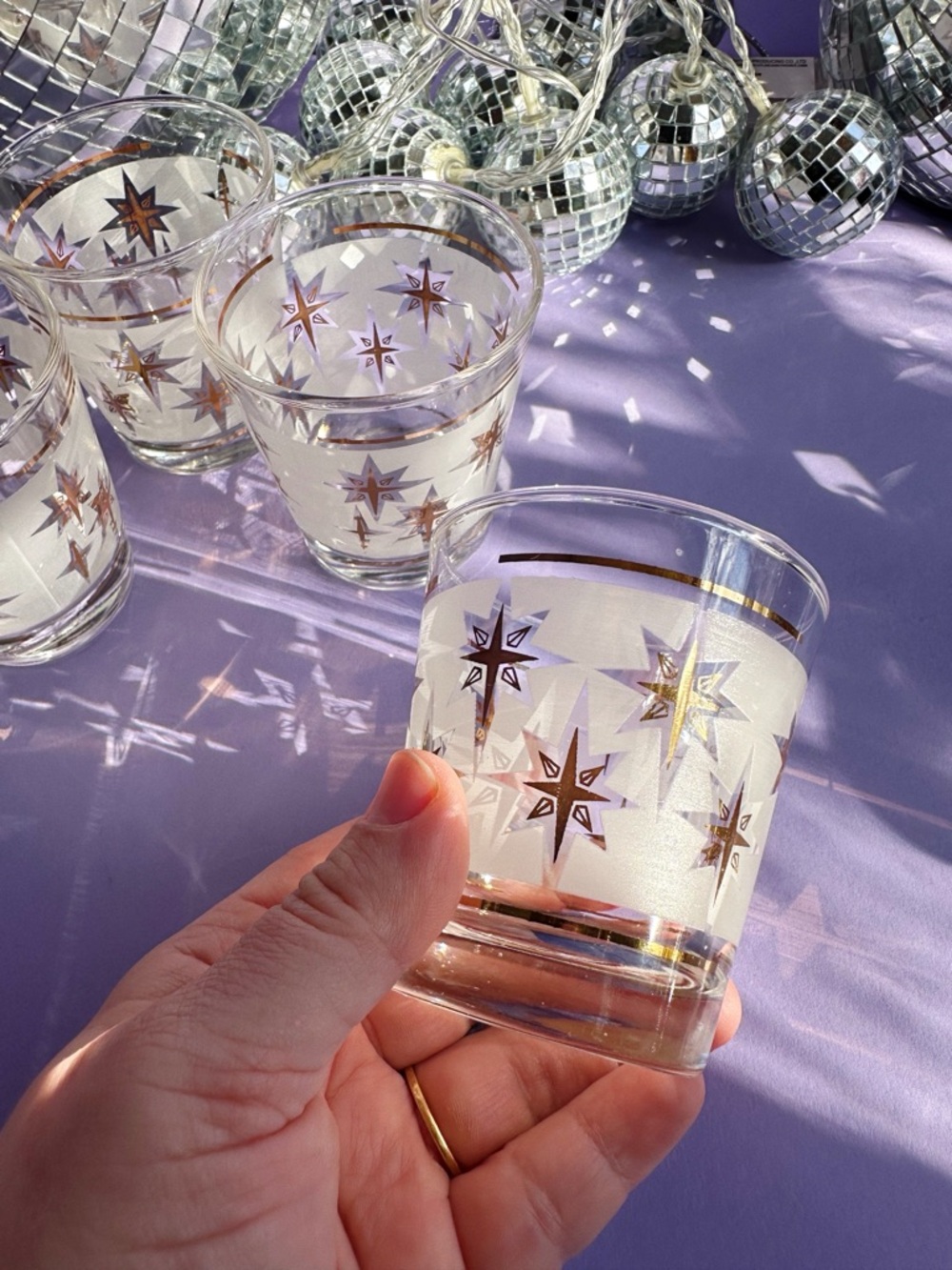Vintage MCM Dominion Atomic Starburst Short Tumblers Glasses Frosted Gold - Picture 3 of 5